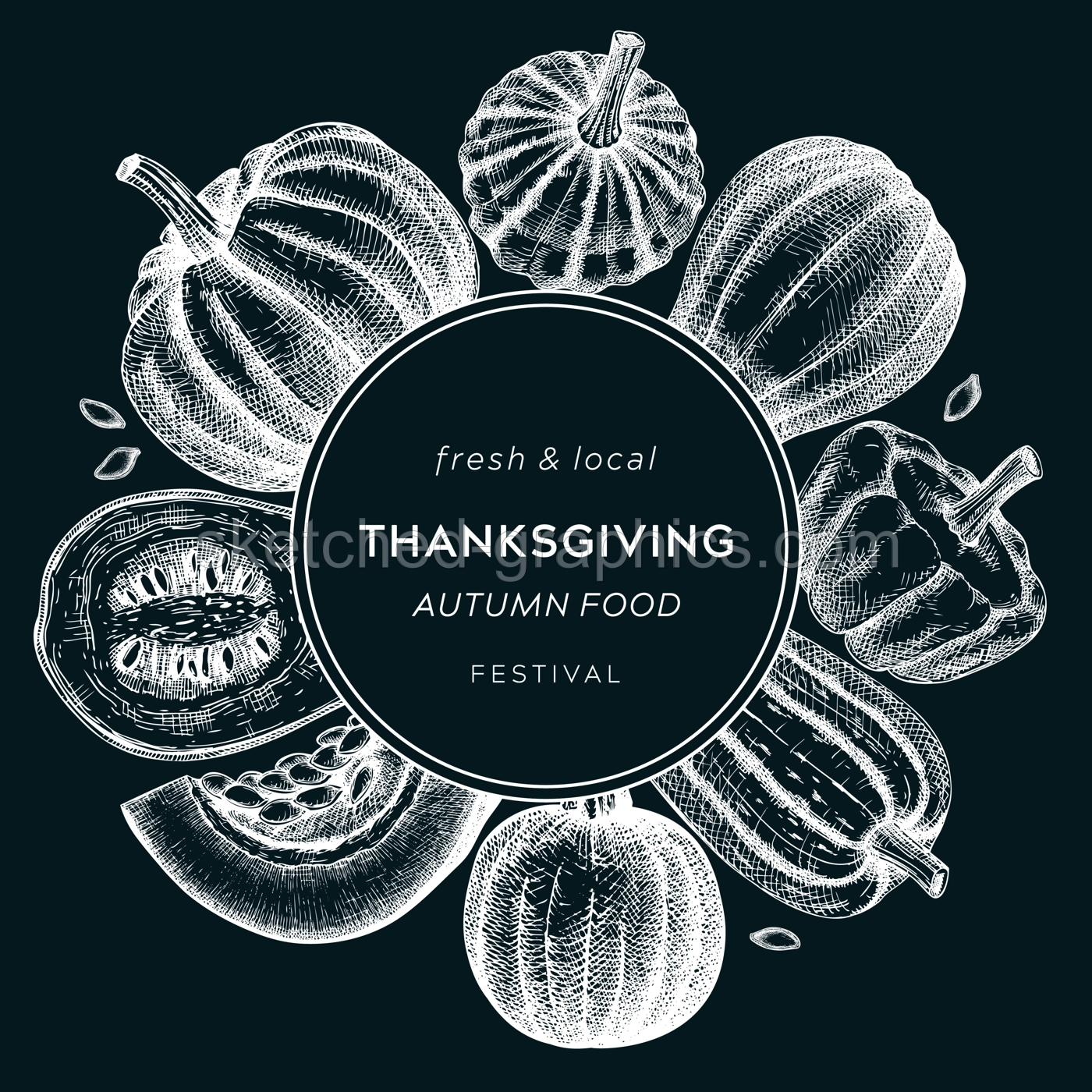 Sketched pumpkin wreath on chalkboard. Thanksgiving day vintage design. Autumn food drawings. Vector vegetables, butternut squash, marrow, pumpkins sketches. Fall Harvest festival card or invitation Illustration